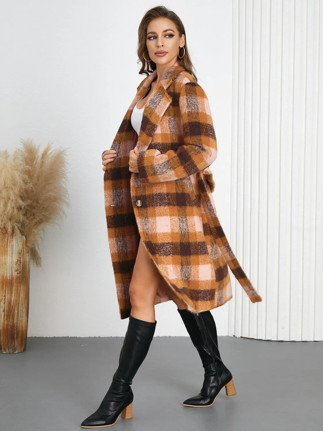 🌟 Tied Plaid Collared Neck Coat 🌟