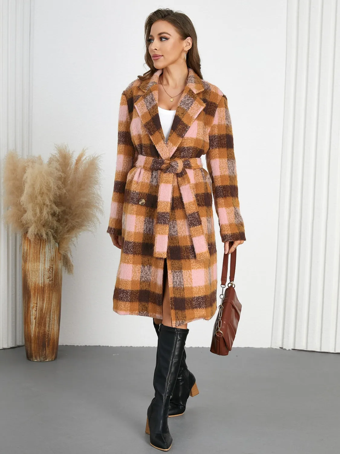 🌟 Tied Plaid Collared Neck Coat 🌟