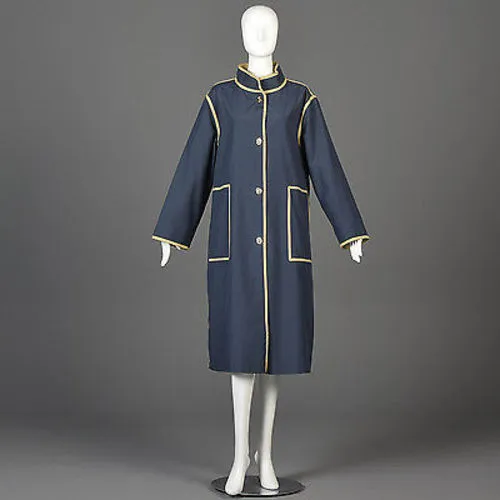 1970s Bonnie Cashin Navy Blue Overcoat with Tan Trim