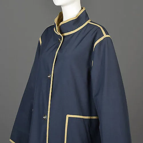 1970s Bonnie Cashin Navy Blue Overcoat with Tan Trim