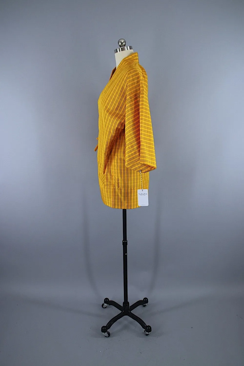 1980s Vintage Kimono Jacket Coat Douchugi / Yellow & Black Plaid