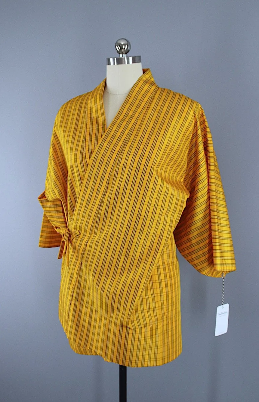 1980s Vintage Kimono Jacket Coat Douchugi / Yellow & Black Plaid