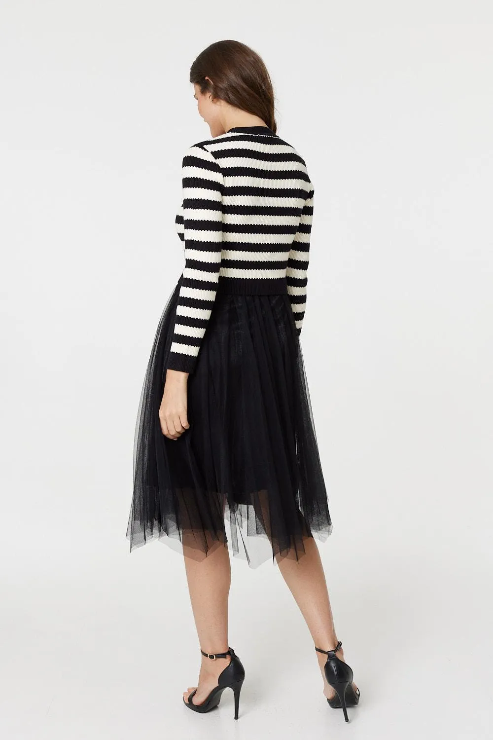 2-In-1 Dress With Striped Top & Midi Mesh Skirt