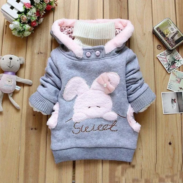 2015 Retail Children Clothing Cartoon Rabbit Fleece Outerwear girl fashion clothes/hooded jacket/Winter Coat roupa infantil