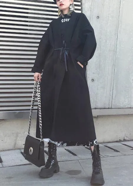 2019 black woolen overcoat plus size winter Notched tie waist coat