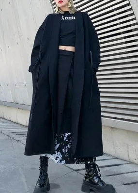 2019 black woolen overcoat plus size winter Notched tie waist coat