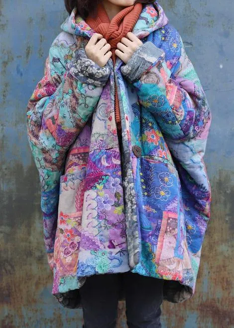 2019 purple prints overcoat oversized warm winter coat hooded patchwork overcoat