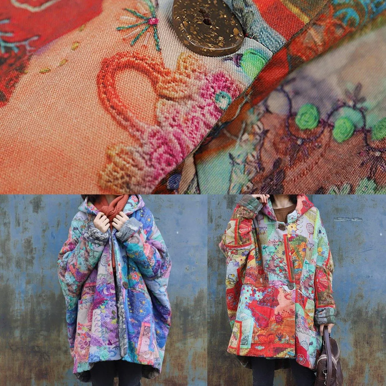 2019 purple prints overcoat oversized warm winter coat hooded patchwork overcoat