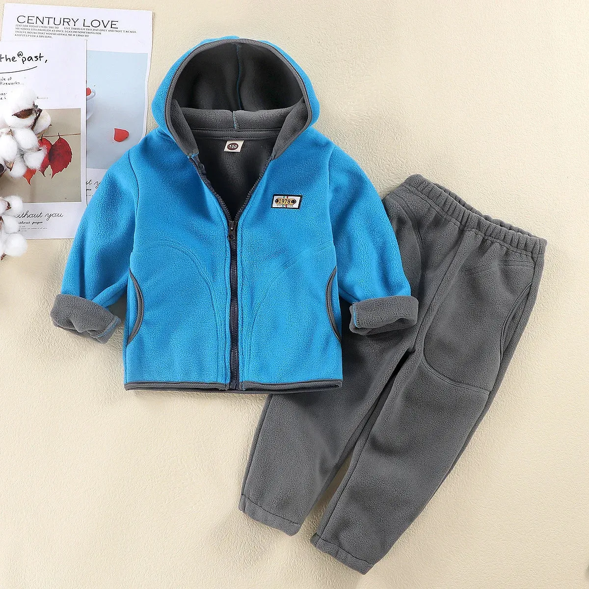 2024 Girl Boys Clothes Autumn Winter Fleece Long Sleeve Hooded Jacket Coat Pants 2 Pcs Set Children Clothes