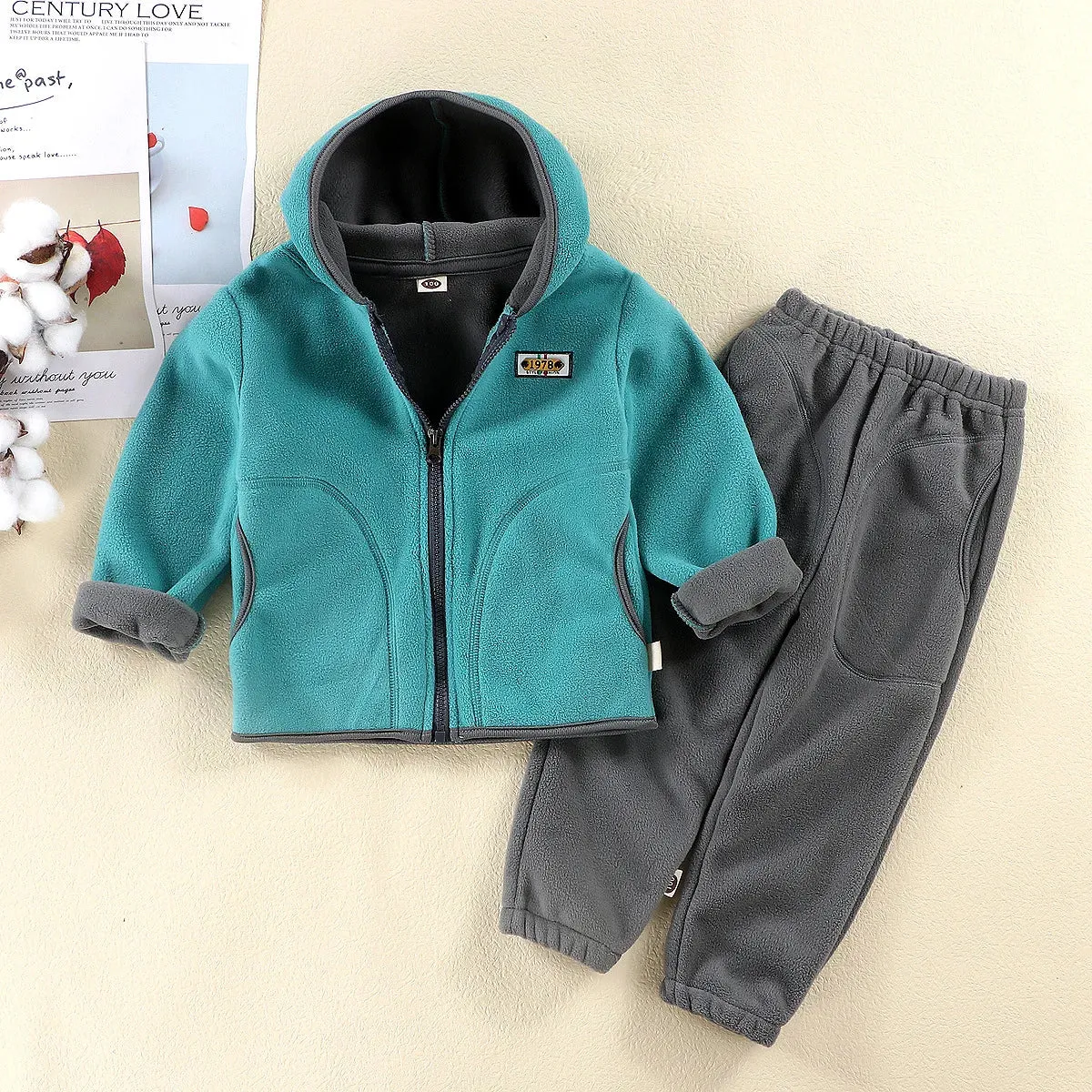 2024 Girl Boys Clothes Autumn Winter Fleece Long Sleeve Hooded Jacket Coat Pants 2 Pcs Set Children Clothes