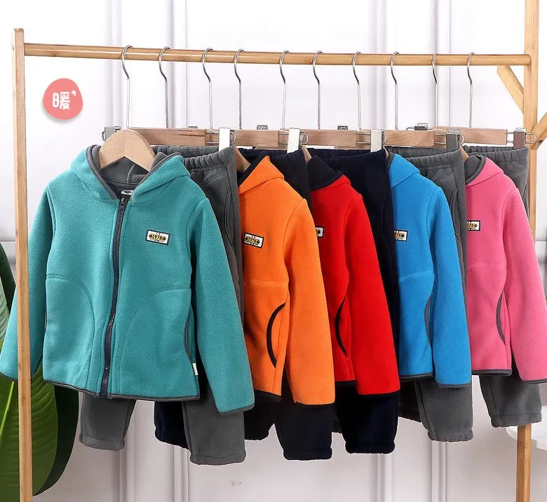 2024 Girl Boys Clothes Autumn Winter Fleece Long Sleeve Hooded Jacket Coat Pants 2 Pcs Set Children Clothes