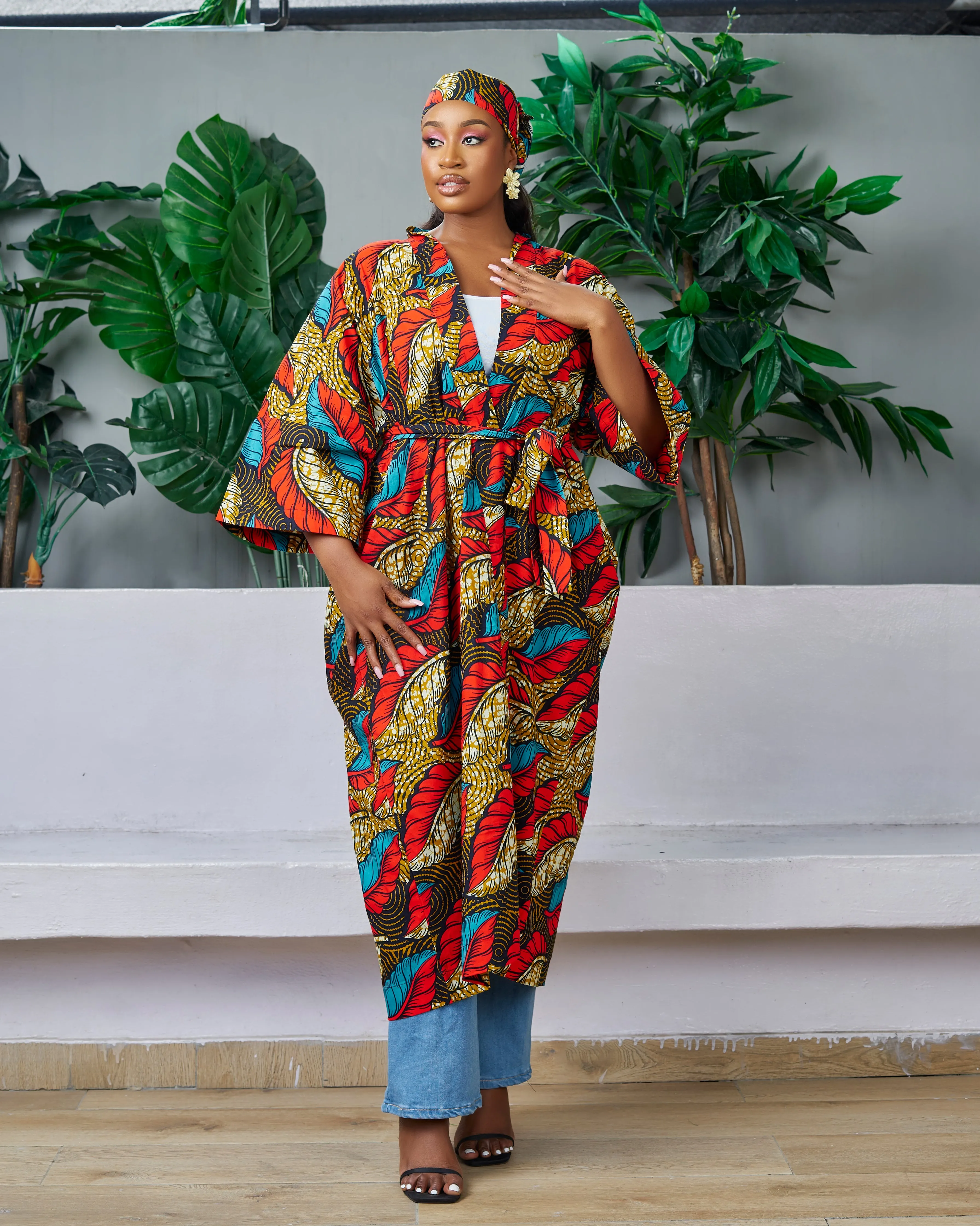 2pc African Print Midi Length Kimono Jacket and Headwrap Set- Zimife