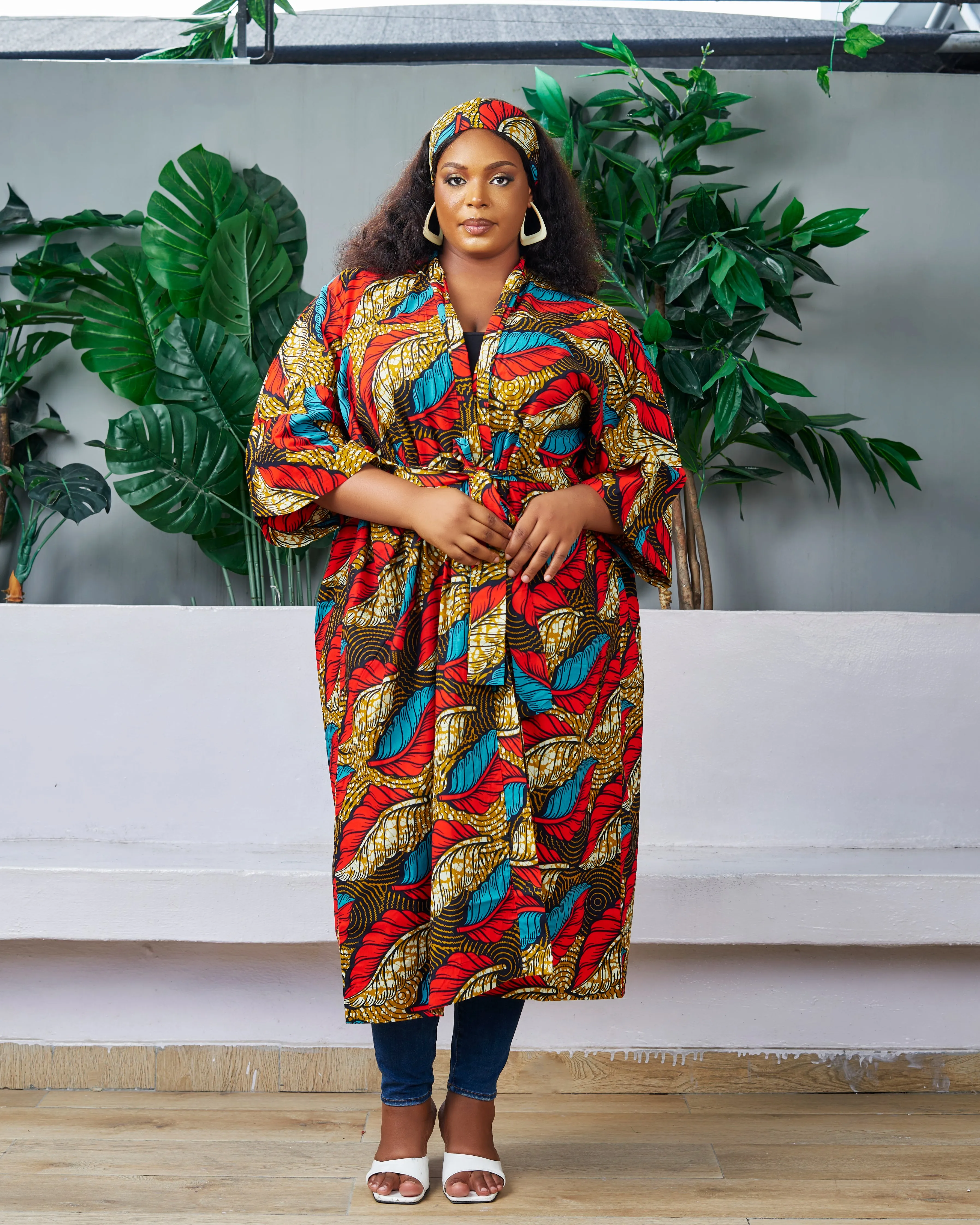 2pc African Print Midi Length Kimono Jacket and Headwrap Set- Zimife