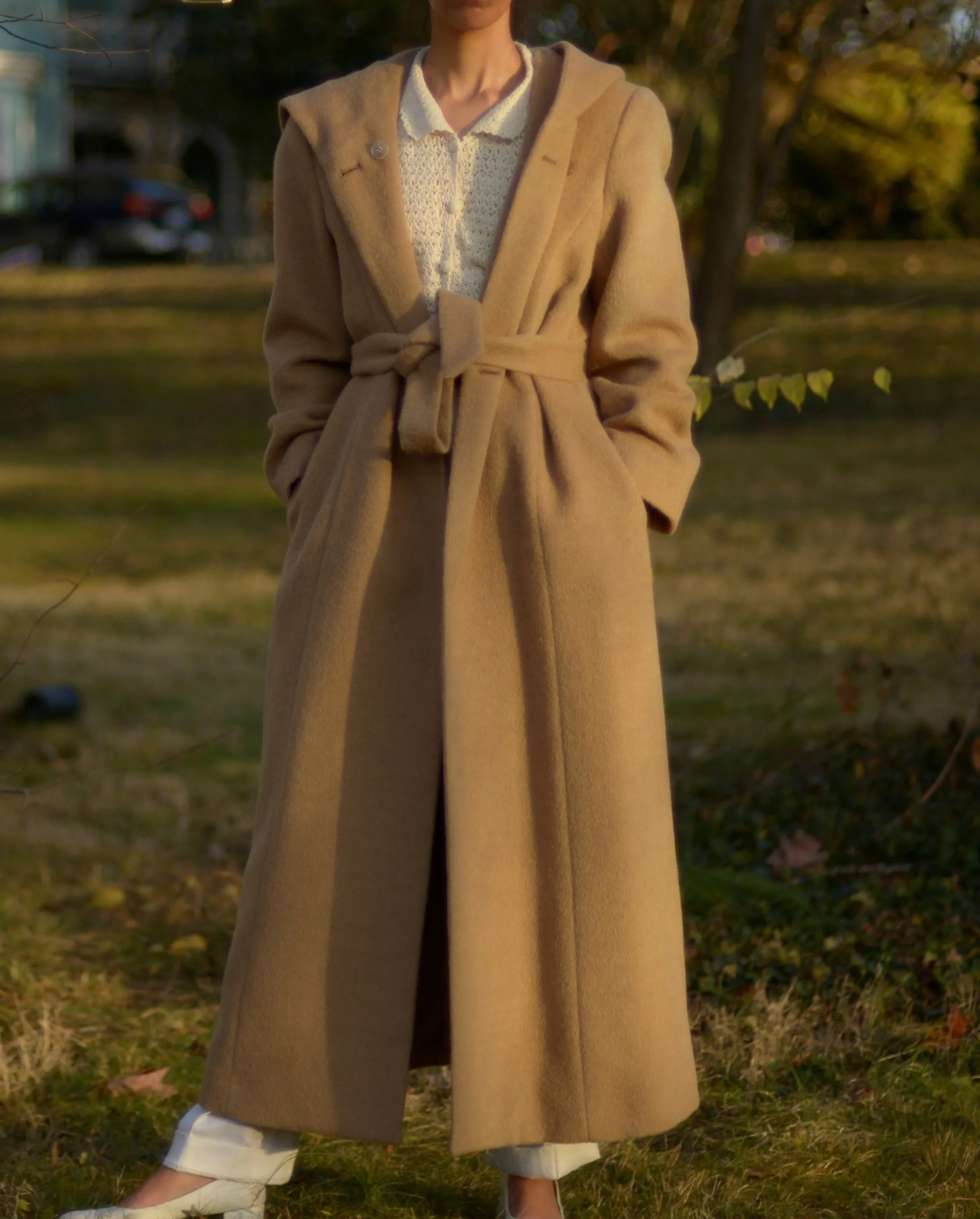 90s tan wool alpaca blend hood full length coat