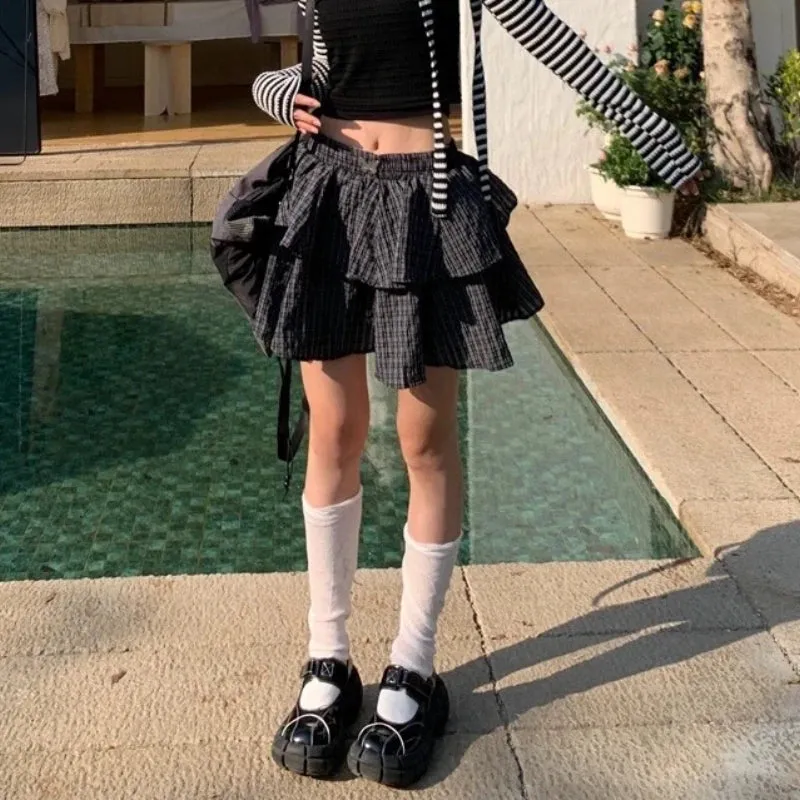 Advbridge Ruffle Plaid Mini Skirt Women Kawaii Preppy Style Short Skirts Layered Sweet Cute Korean Fashion Casual Street Skirt