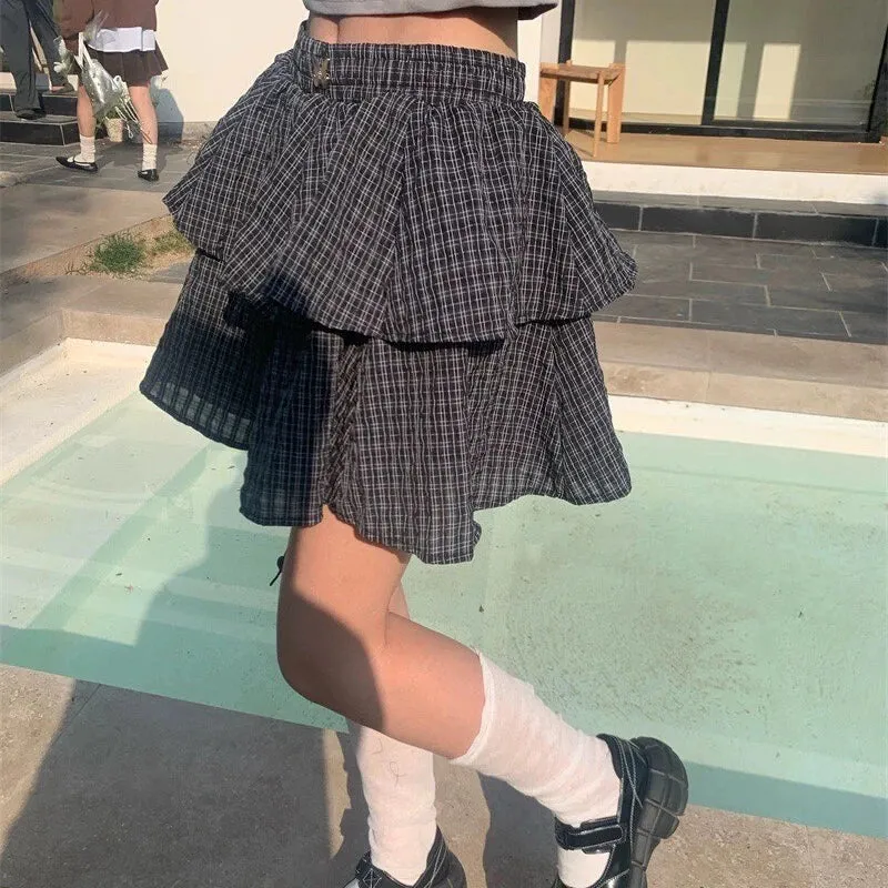 Advbridge Ruffle Plaid Mini Skirt Women Kawaii Preppy Style Short Skirts Layered Sweet Cute Korean Fashion Casual Street Skirt