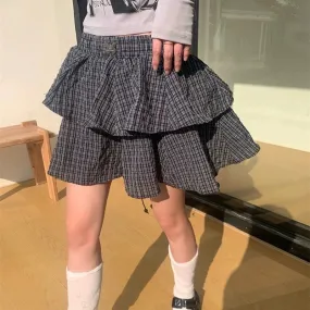 Advbridge Ruffle Plaid Mini Skirt Women Kawaii Preppy Style Short Skirts Layered Sweet Cute Korean Fashion Casual Street Skirt