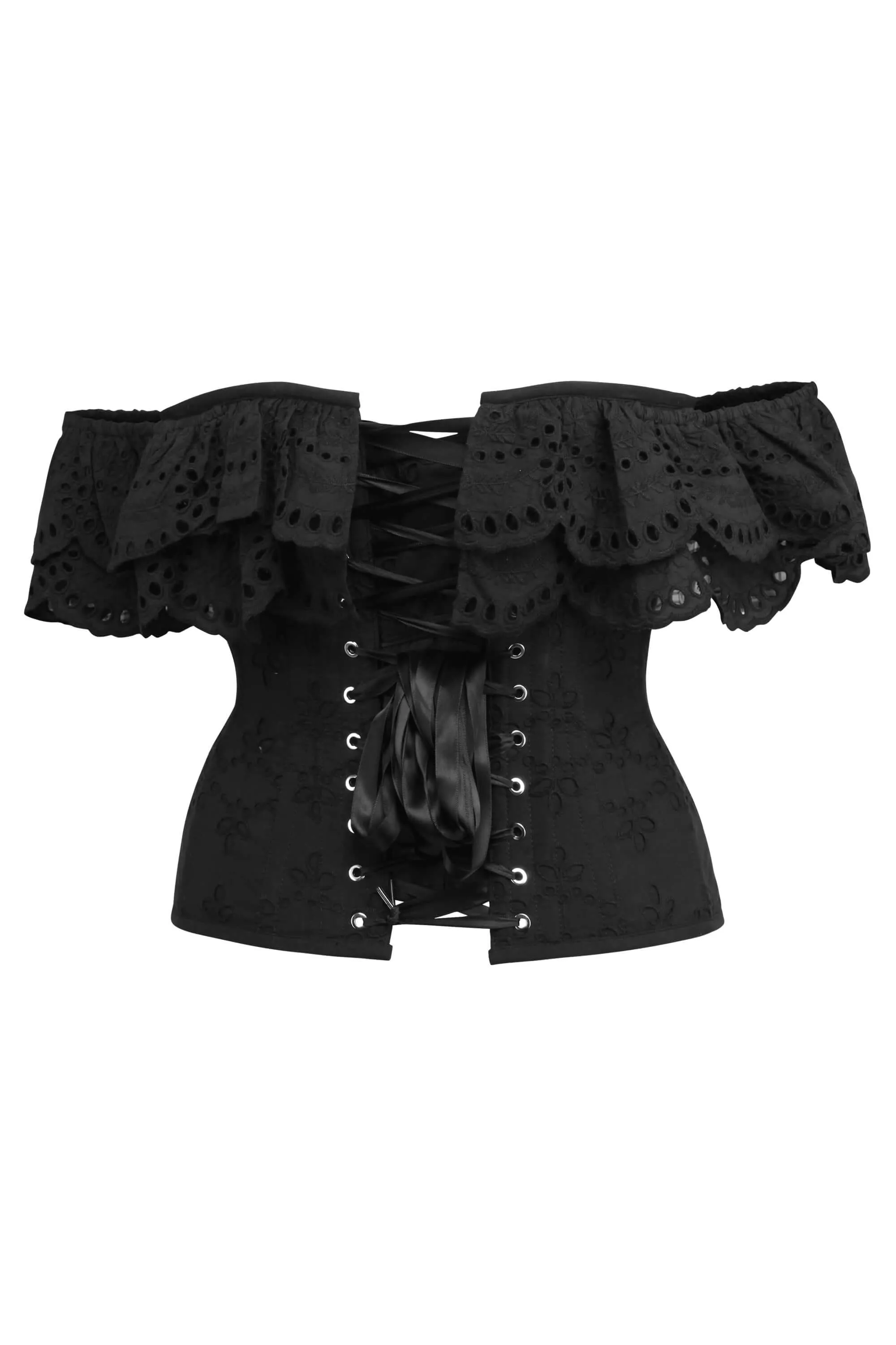 Alyssum Black Broderie Anglaise Cotton Corset Top with Double Frill Sleeves