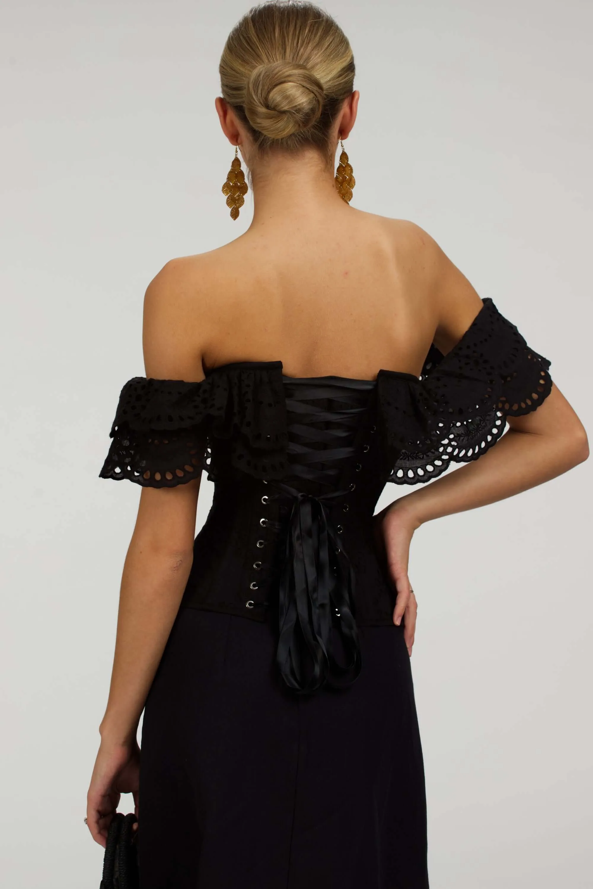 Alyssum Black Broderie Anglaise Cotton Corset Top with Double Frill Sleeves