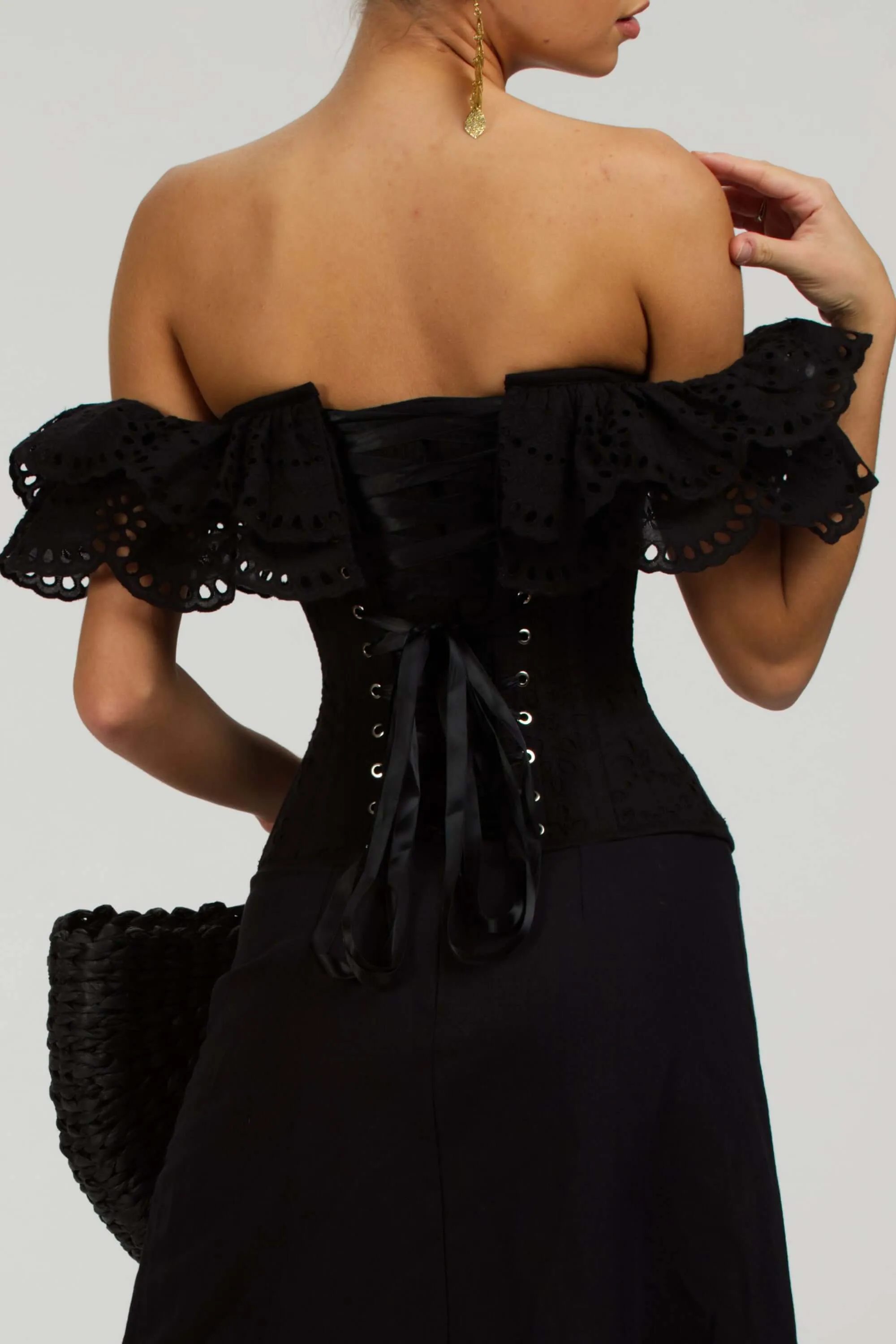 Alyssum Black Broderie Anglaise Cotton Corset Top with Double Frill Sleeves