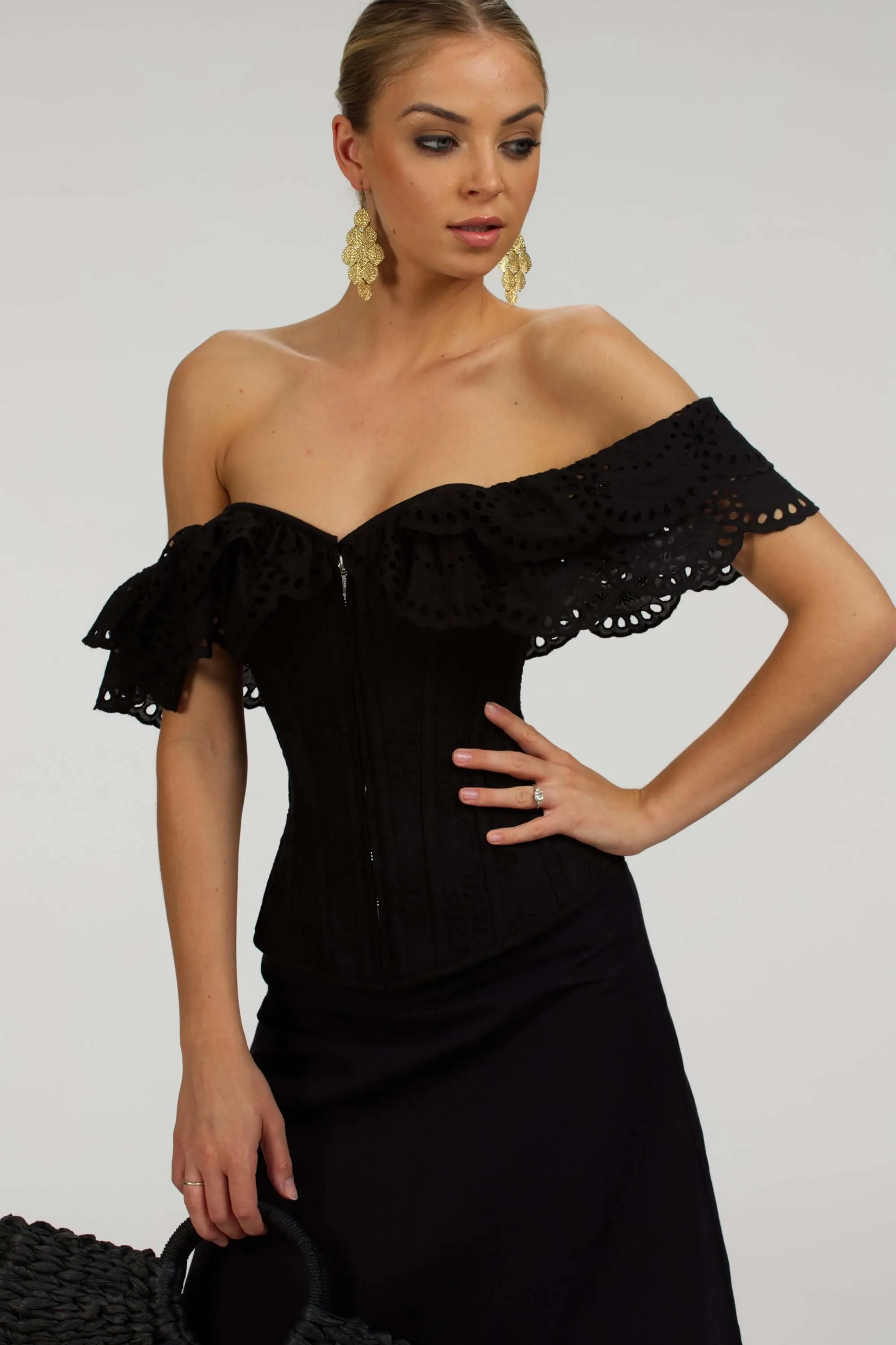 Alyssum Black Broderie Anglaise Cotton Corset Top with Double Frill Sleeves