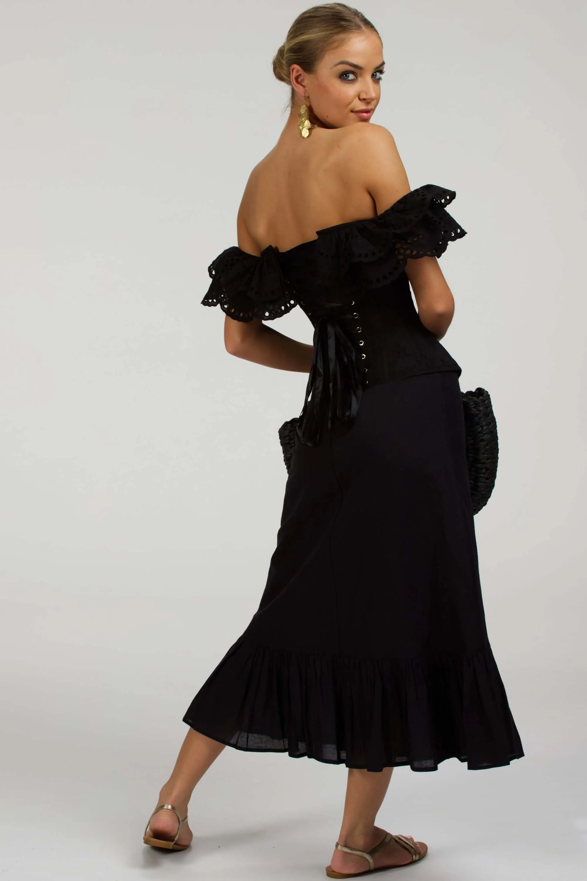 Alyssum Black Broderie Anglaise Cotton Corset Top with Double Frill Sleeves