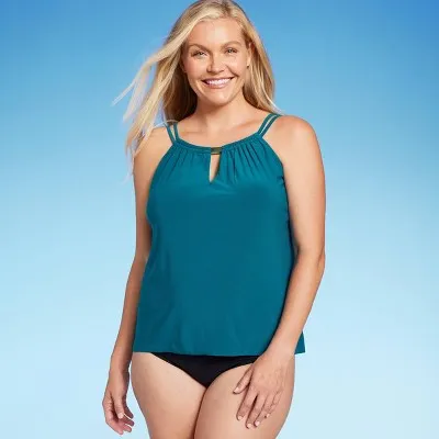 Aqua Green Women's High Neck Tankini Swimsuit Keyhole Tank Top Swimwear UPF 50 