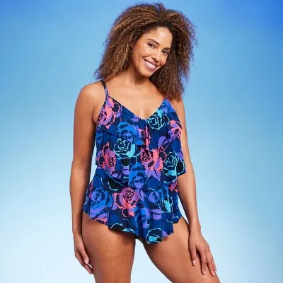 Aqua Green Women's UPF 50 Tiered Tankini Top Sewn-in Cups, Flattering Ruffles