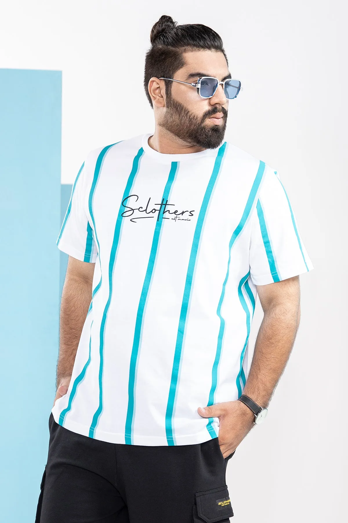 Aqua White Fusion Striped T-Shirt (Plus Size) - S21 - MT0067P