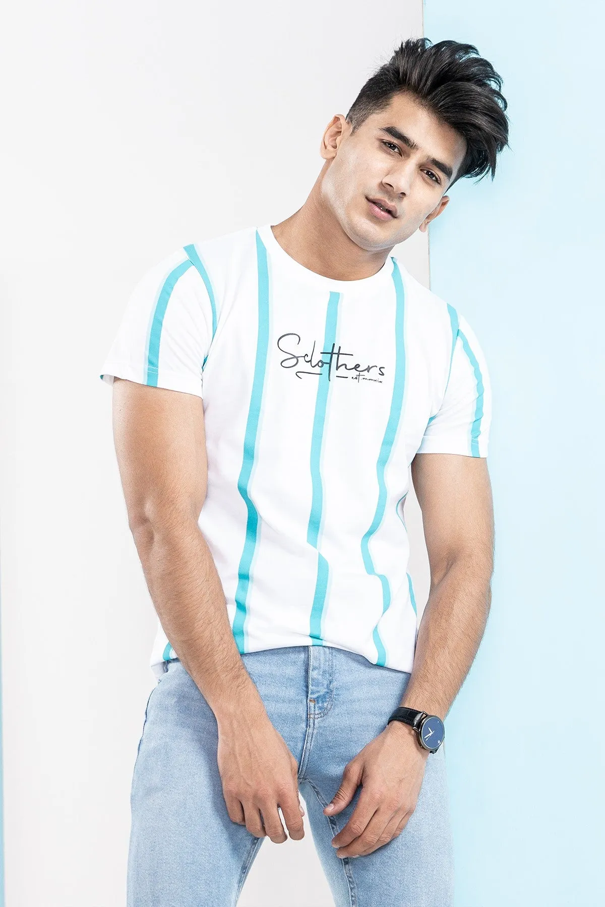 Aqua White Fusion Striped T-Shirt - S21 - MT0067R