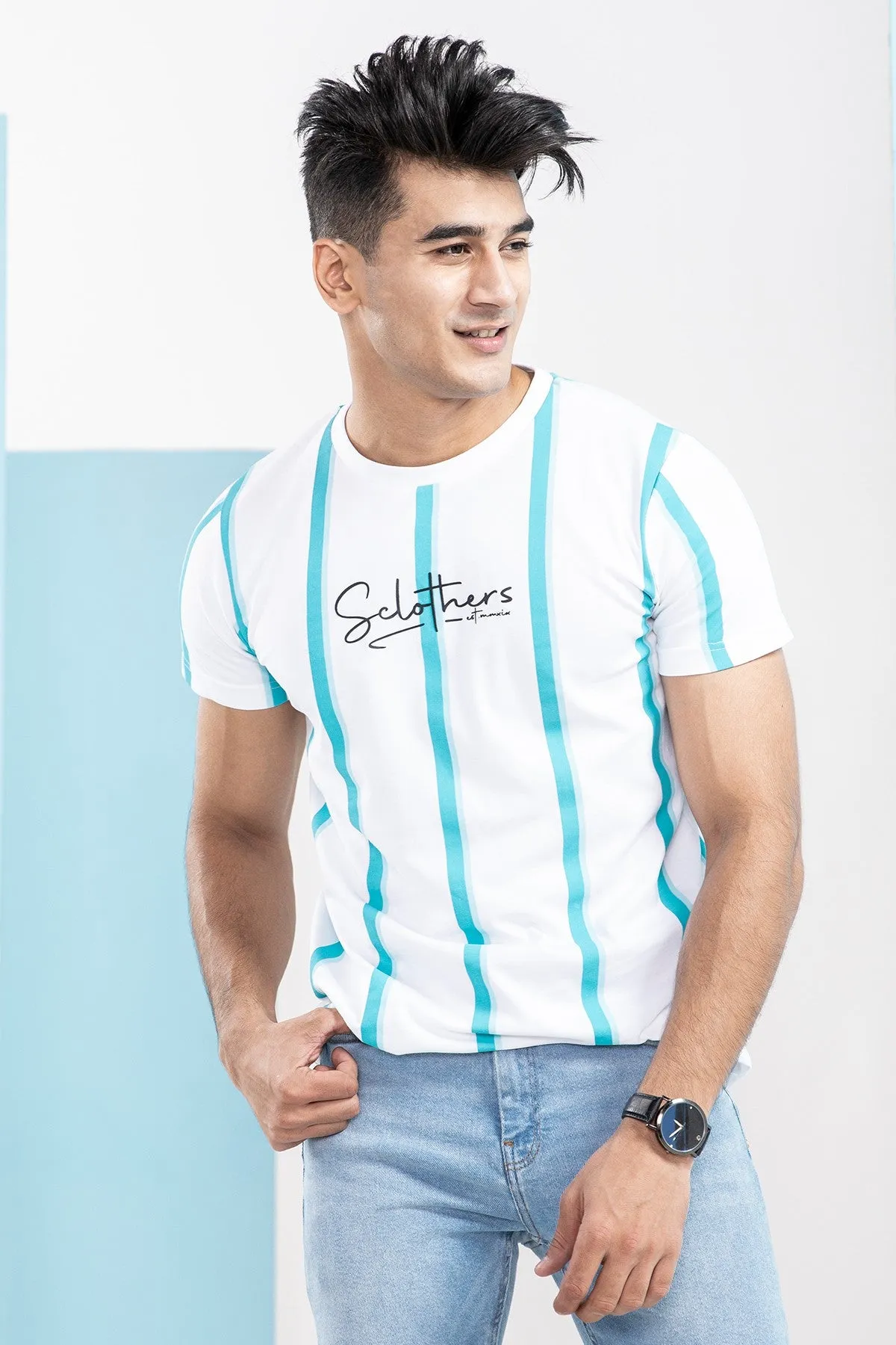 Aqua White Fusion Striped T-Shirt - S21 - MT0067R