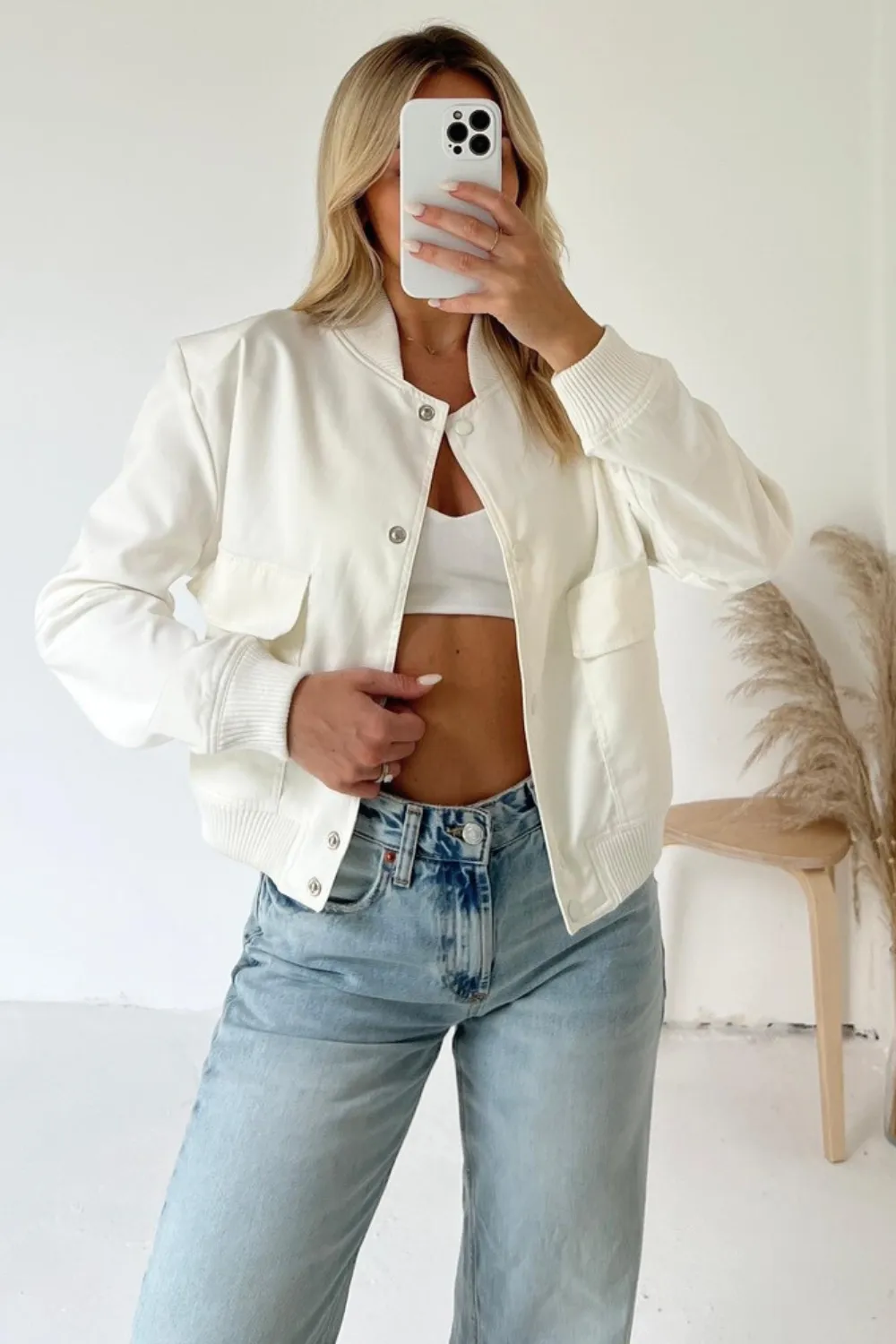 Aria white cargo bomber jacket