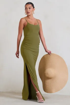 Aurelia | Olive Green Maternity Cami Maxi Dress With Split