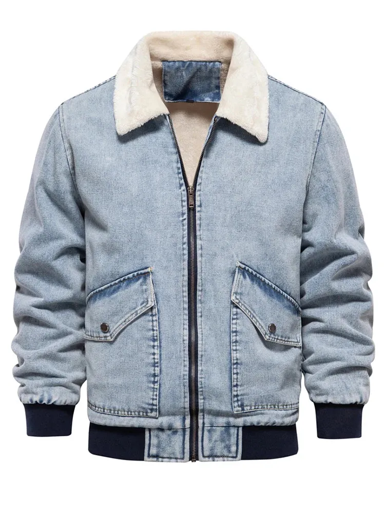 Autumn Winter Fur Collar Jacket for Men Warm Thicken Fleece Men's Jeans Jacket and Coat Casual Fashion Denim Jacket Men