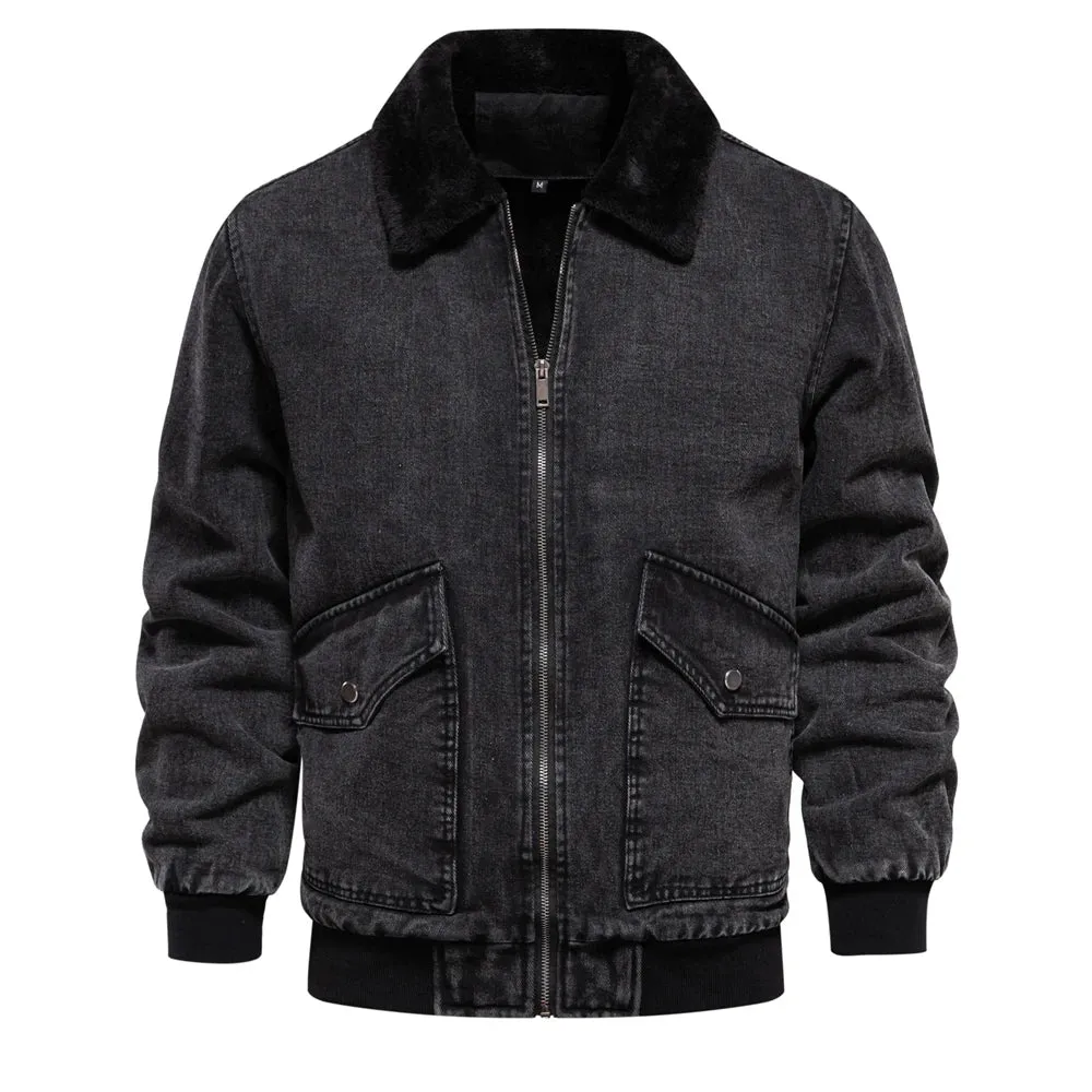 Autumn Winter Fur Collar Jacket for Men Warm Thicken Fleece Men's Jeans Jacket and Coat Casual Fashion Denim Jacket Men