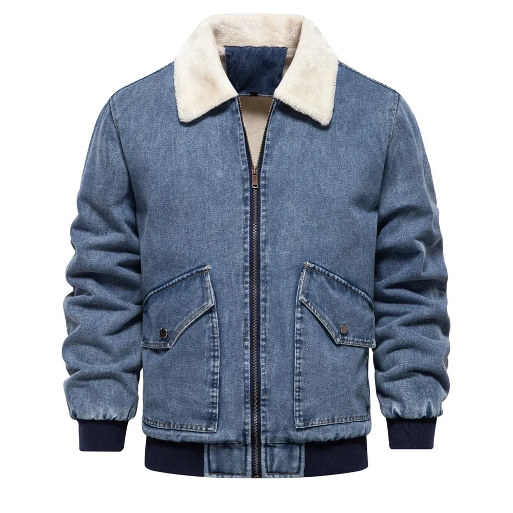 Autumn Winter Fur Collar Jacket for Men Warm Thicken Fleece Men's Jeans Jacket and Coat Casual Fashion Denim Jacket Men