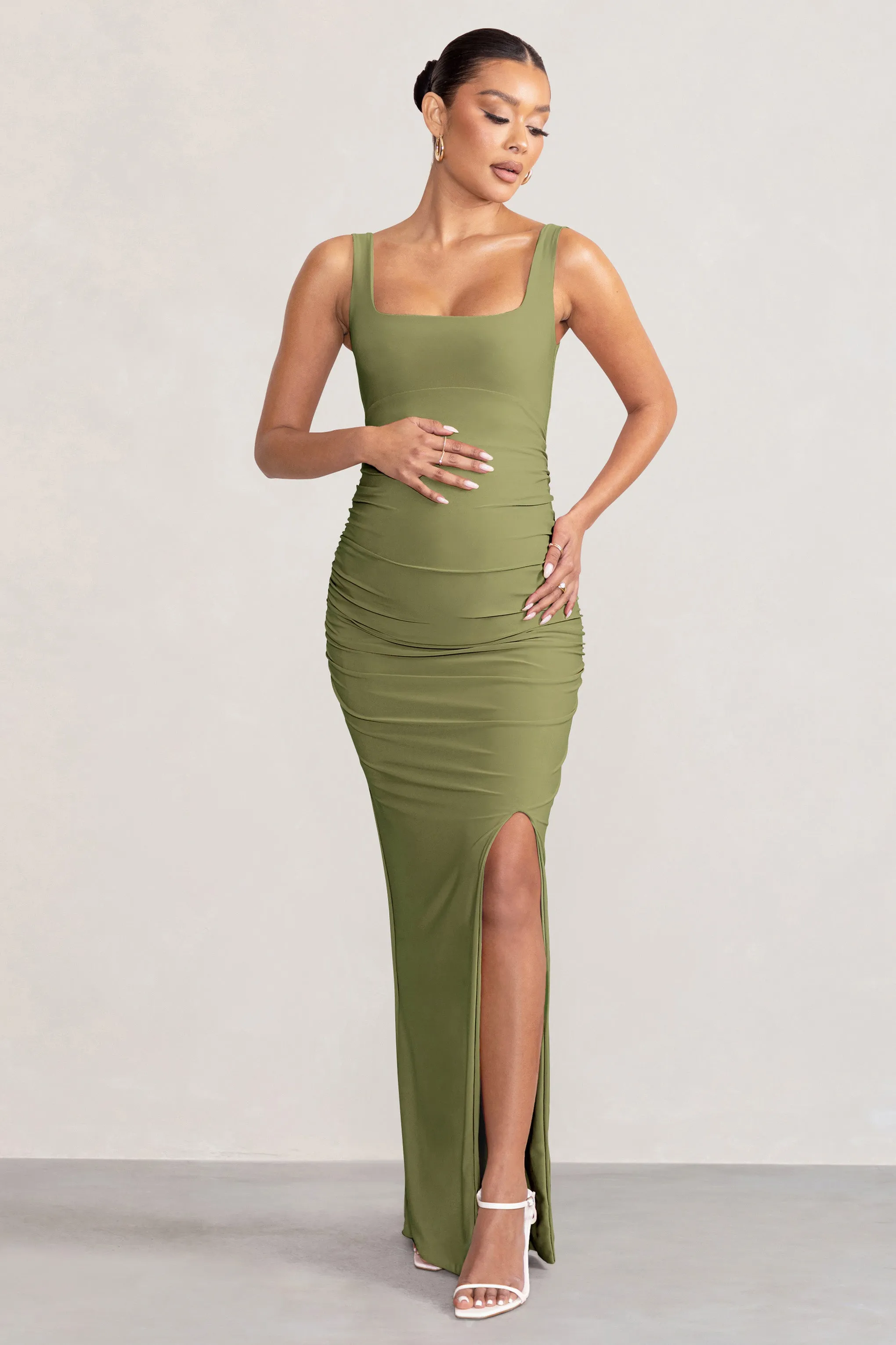 Avril | Olive Square Neck Maternity Maxi Dress with Split