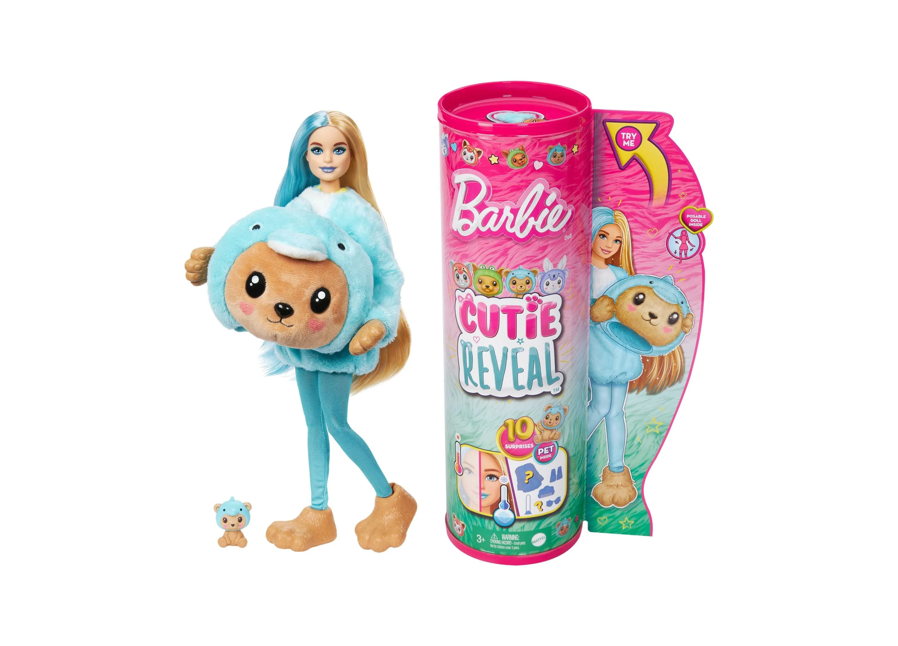 Barbie Cutie Reveal Costume-Themed Series Doll and Accessories with 10 Surprises, Teddy Bear as Dolphin