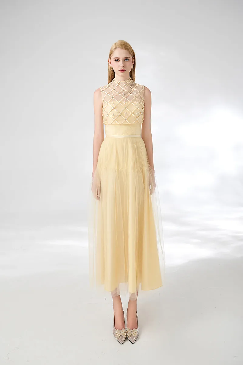 BEIGE A-LINE DRAPED MESH SILK MAXI DRESS