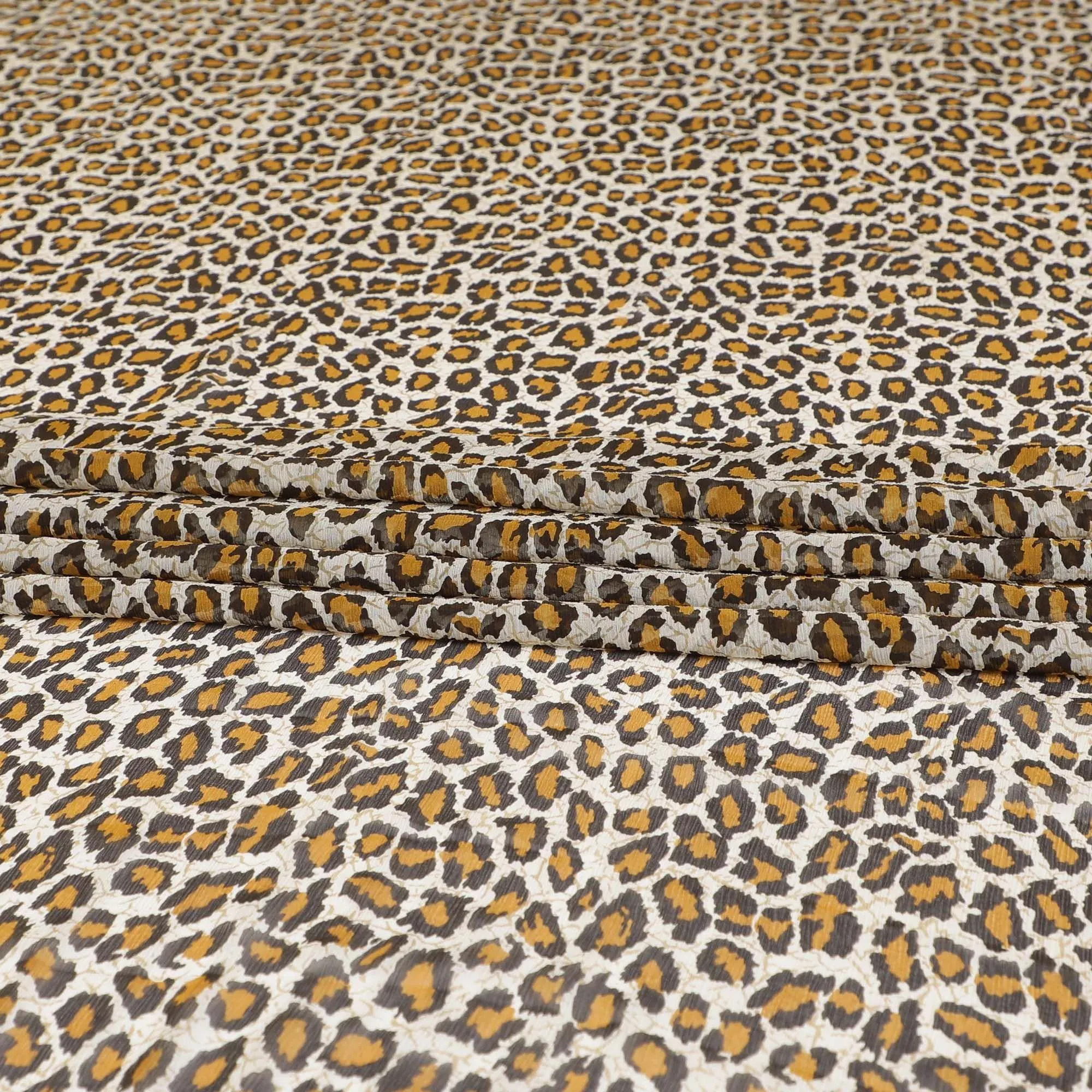 Beige pure silk chiffon fabric with mustard, olive green and black print in animal skin design-D9300