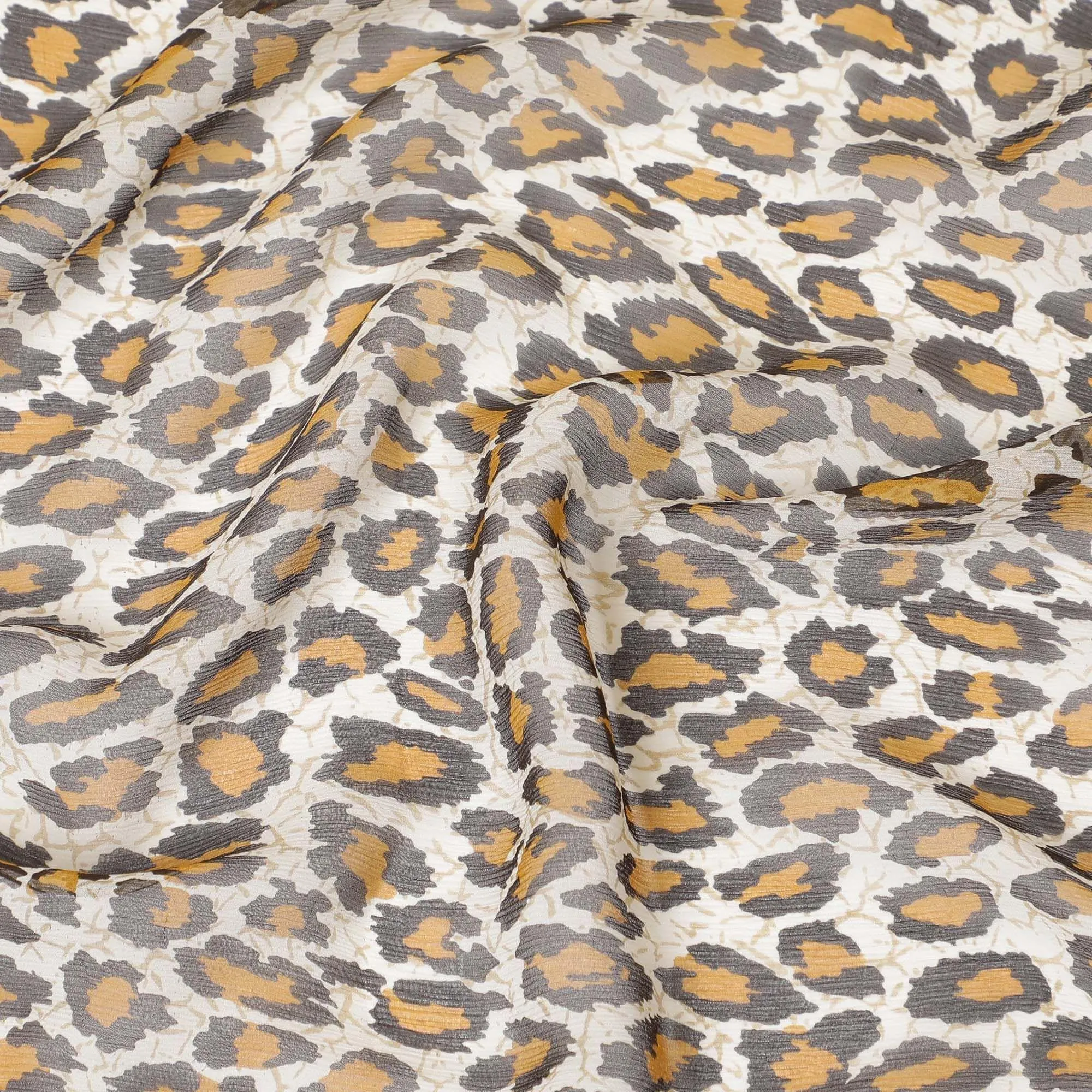 Beige pure silk chiffon fabric with mustard, olive green and black print in animal skin design-D9300