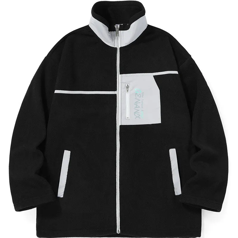 Black And Grey Spliced Pocket Couple Fleece Jacket