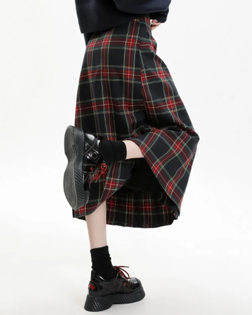 Black and Red Plaid Midi Skirt