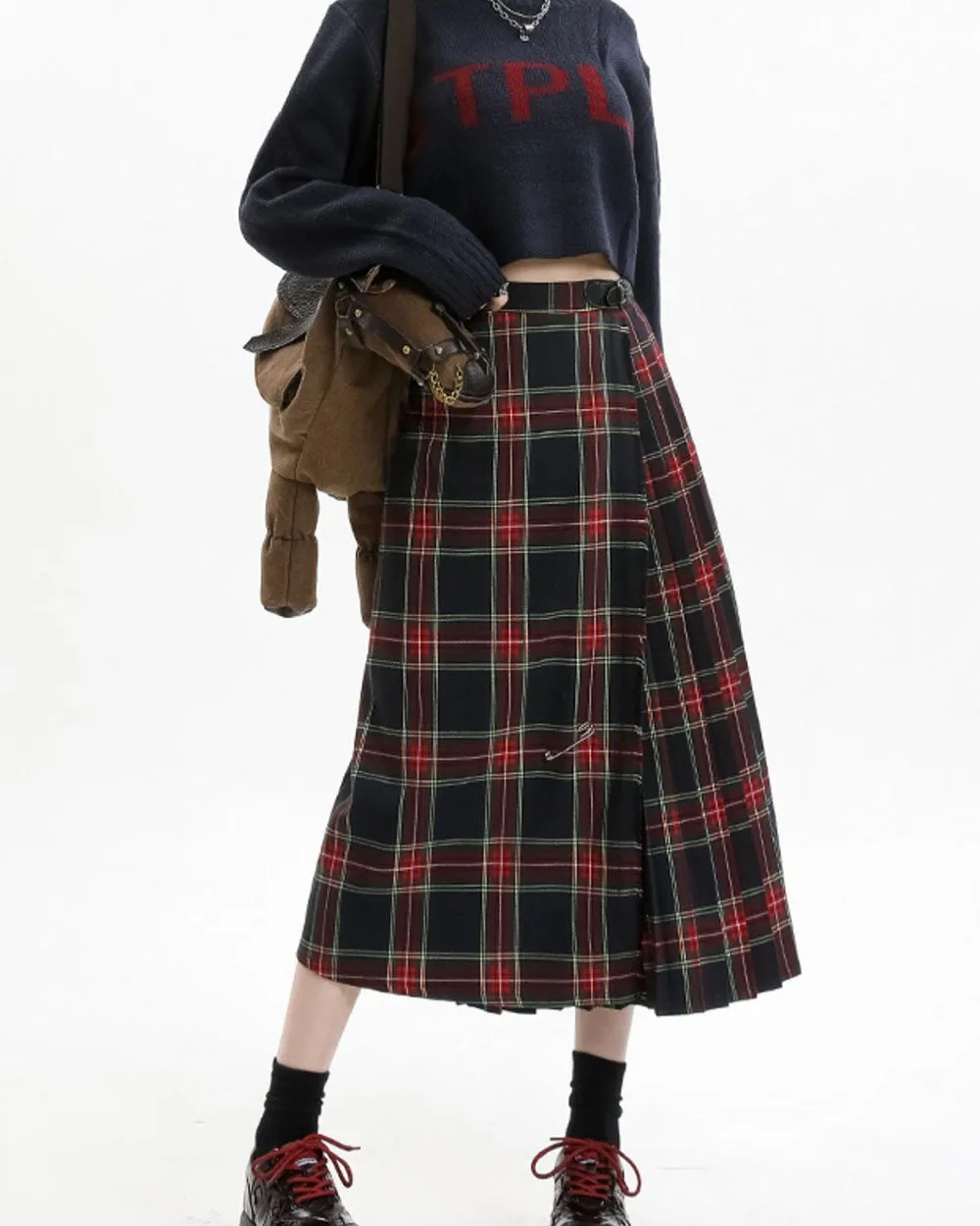 Black and Red Plaid Midi Skirt