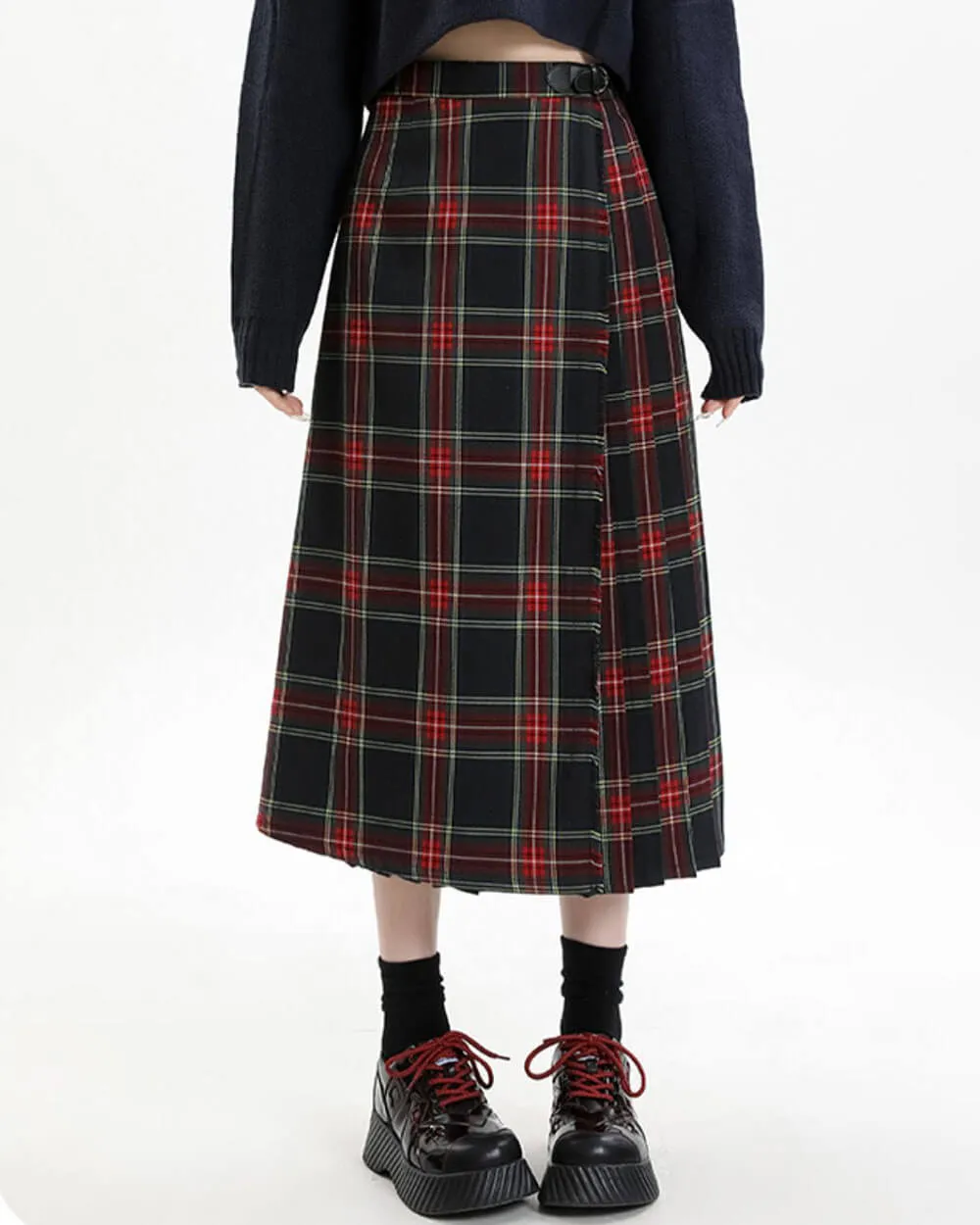 Black and Red Plaid Midi Skirt