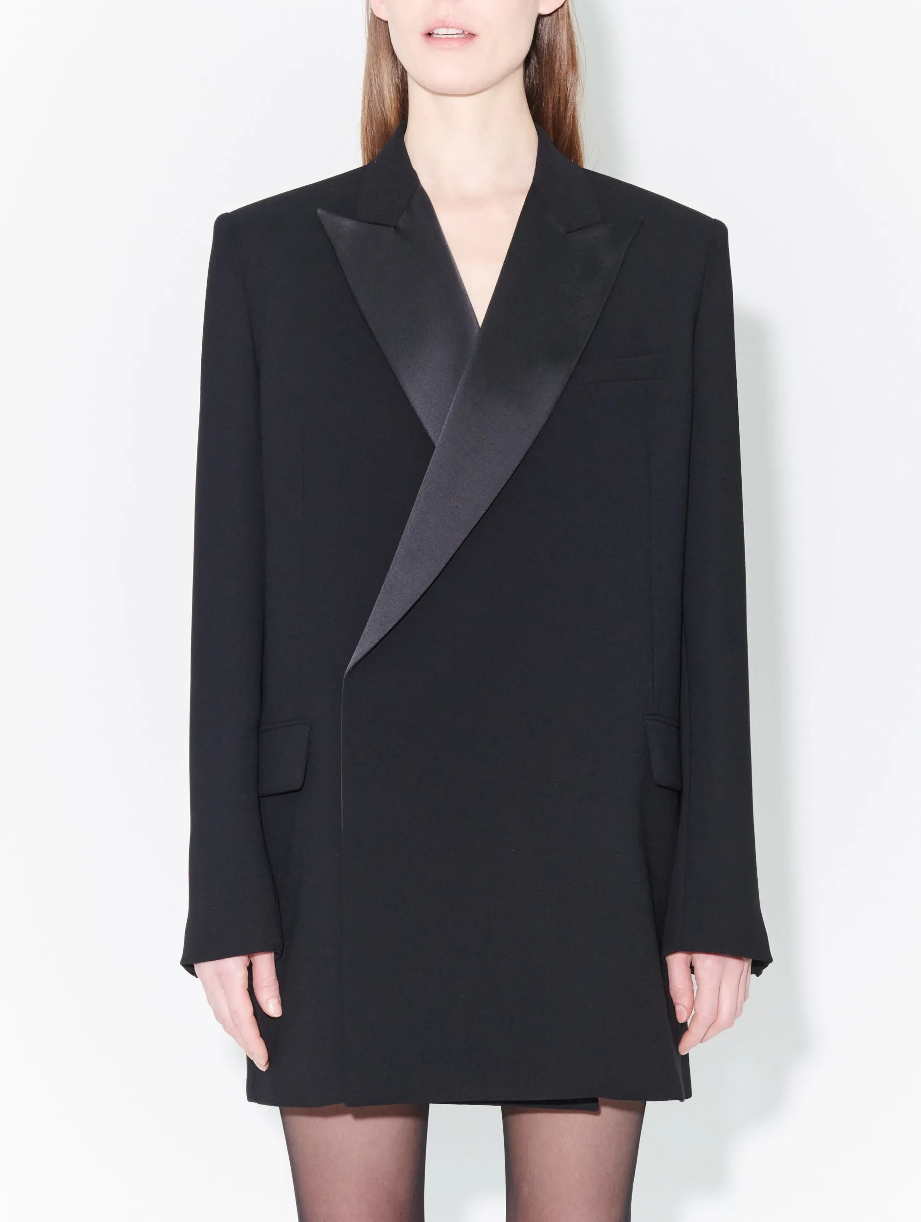 Black crepe swing jacket with satin lapel collar