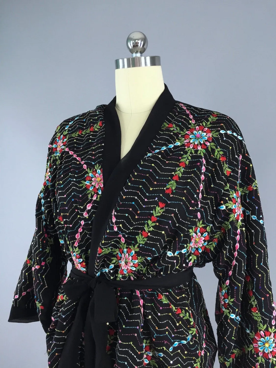 Black Embroidered Silk Chiffon Kimono Cardigan made from a Vintage Indian Sari