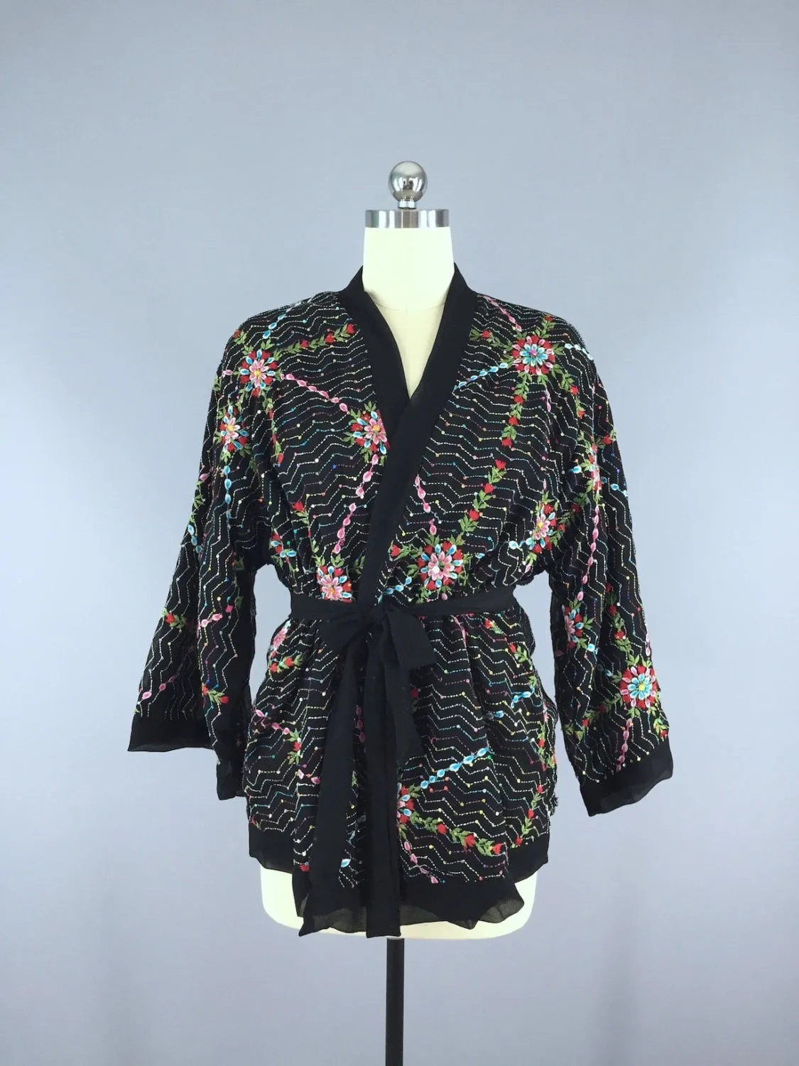 Black Embroidered Silk Chiffon Kimono Cardigan made from a Vintage Indian Sari