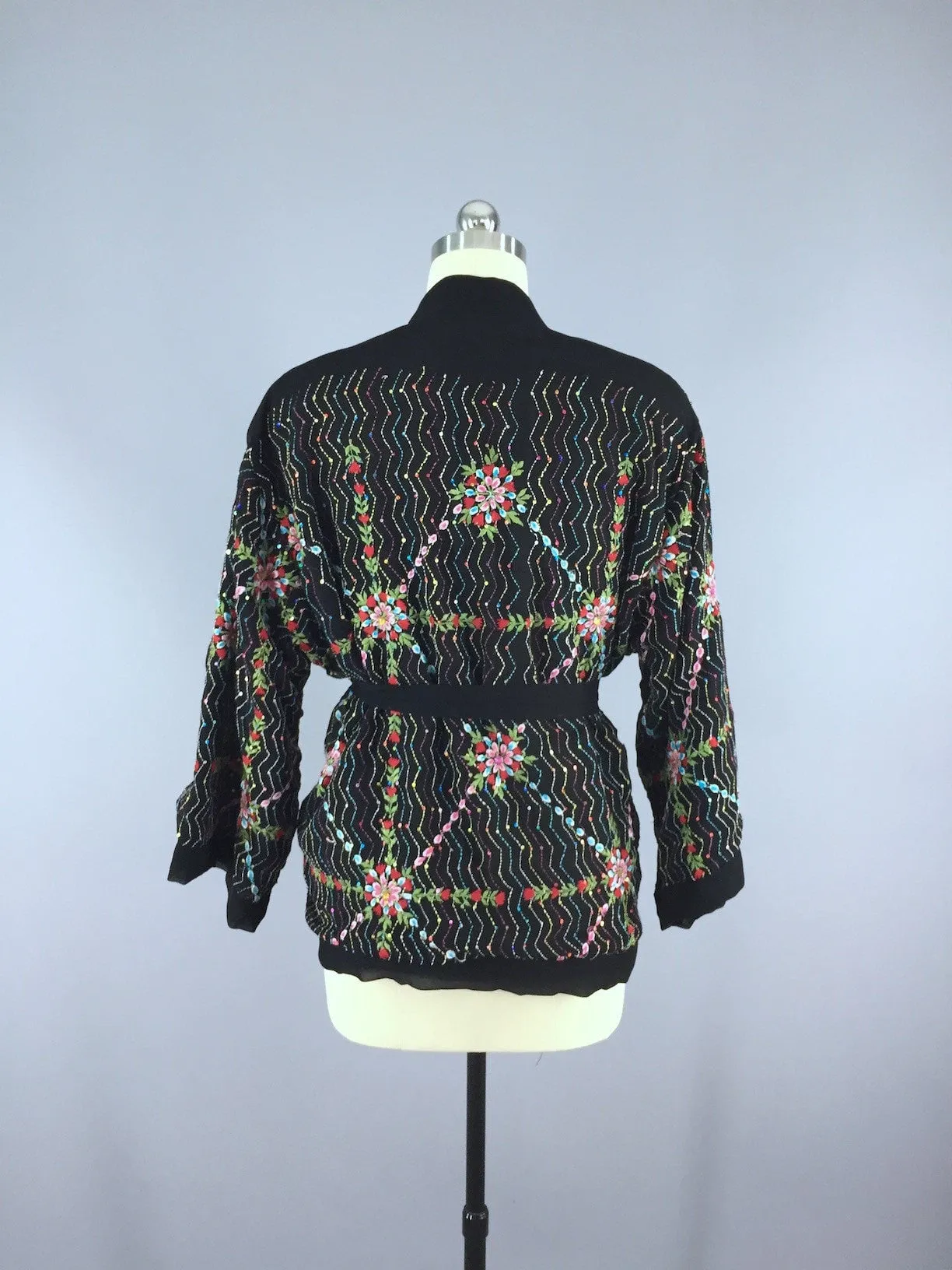 Black Embroidered Silk Chiffon Kimono Cardigan made from a Vintage Indian Sari