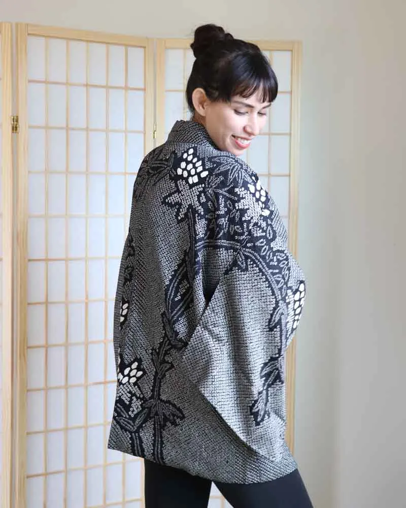 Black Leaves Shibori Haori Kimono Jacket